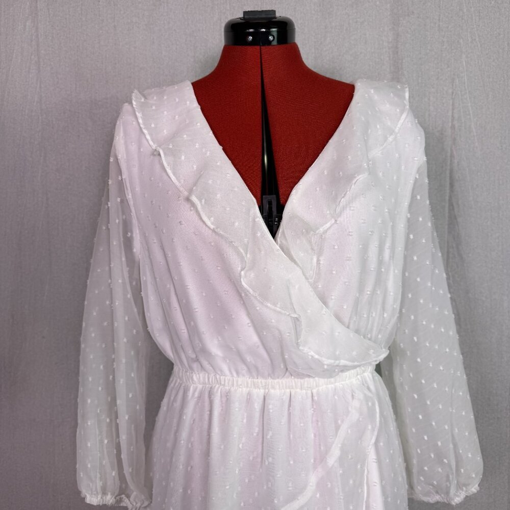 Entro Dress Women’s Size Large White Sheer Polka Dot V Neck Babydoll F178 - Picture 2 of 13
